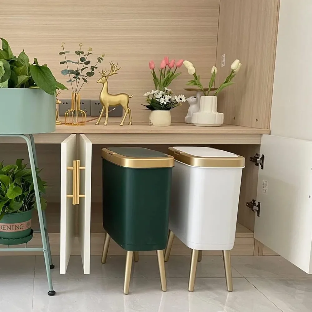 Small Trash Can with Lid 4 Gallon Push Button Waste Bin Gold Edge Bathroom